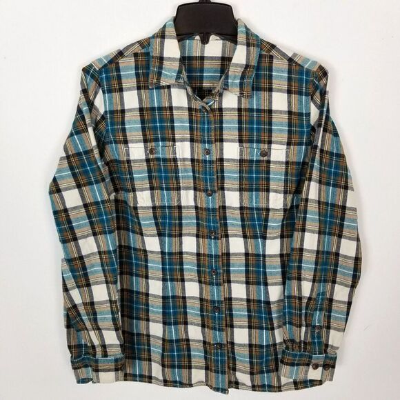 Duluth Trading Women Plaid Button Down Shirt Size M Cottom Gray Blue Long Sleeve - Picture 1 of 4